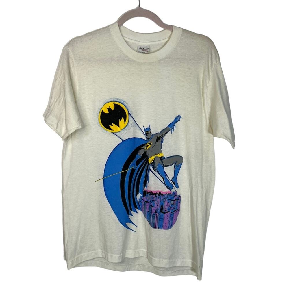 Vintage 90s Stedman Batman White Cotton Blend Short Sleeve T-Shirt Size L 42-44